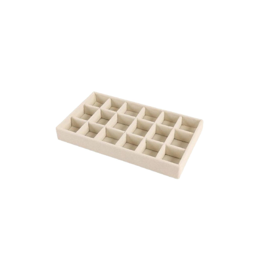 Beige velvet jewellery tray with 18 grid