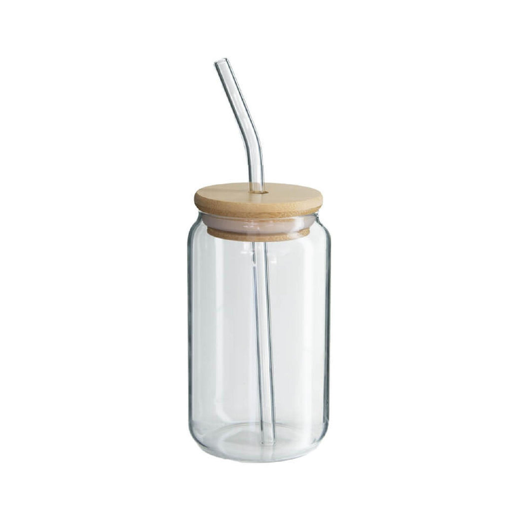 Can-shaped drinking glass with straw and lid