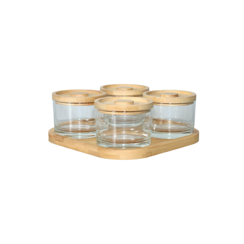 Glass serving set with bamboo lids and tray