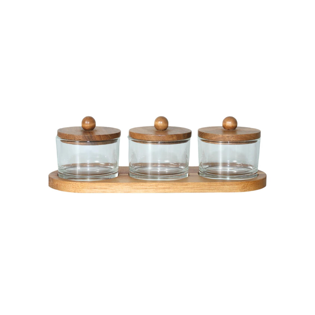 Glass storage set with acacia lids and tray