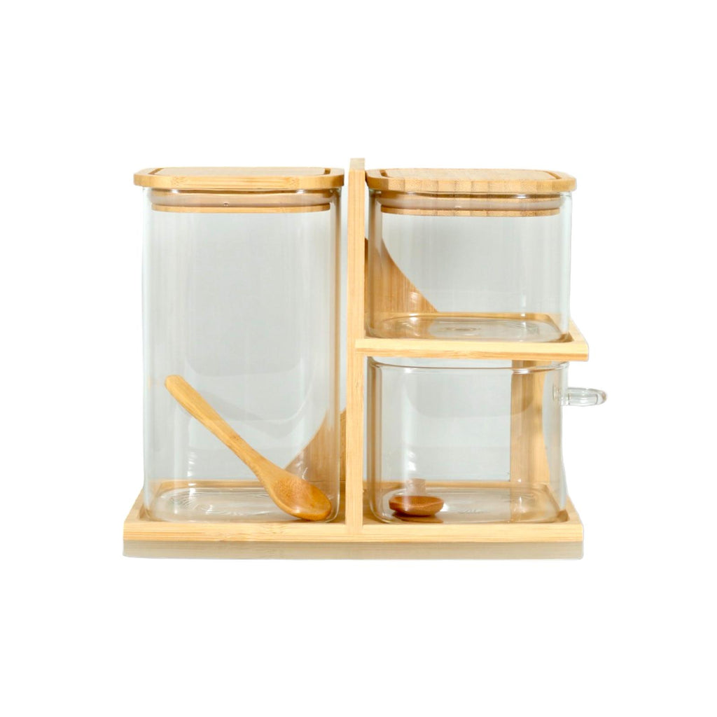 Glass storage set with bamboo stand