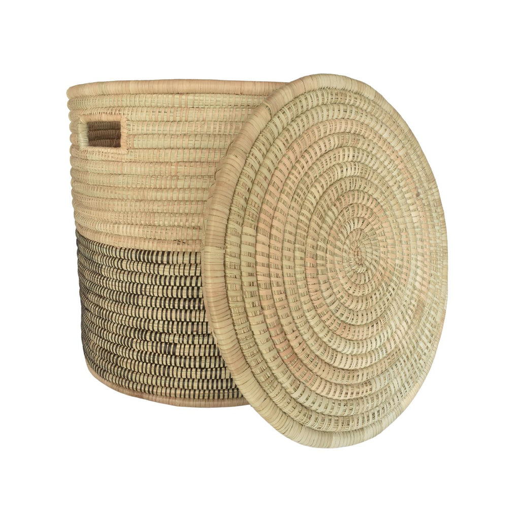 Lidded two-tone woven storage basket