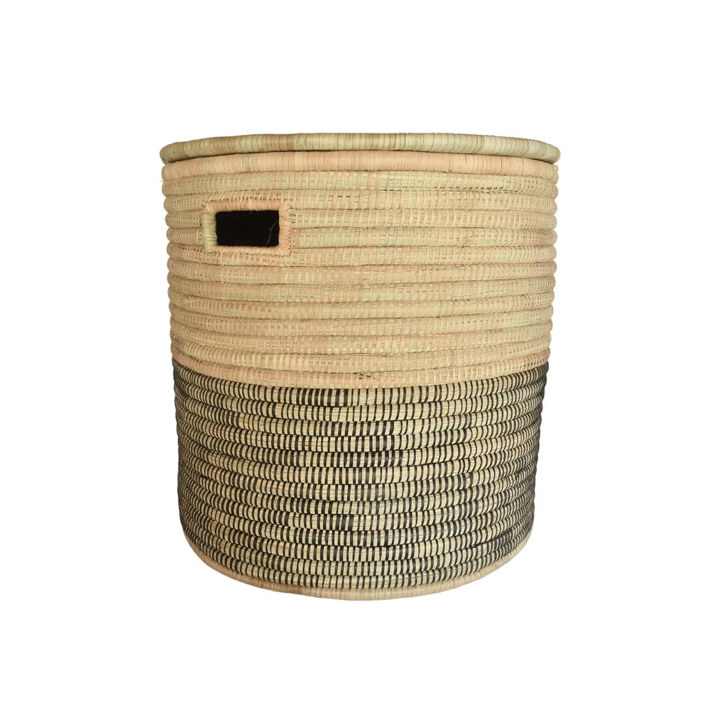 Lidded two-tone woven storage basket