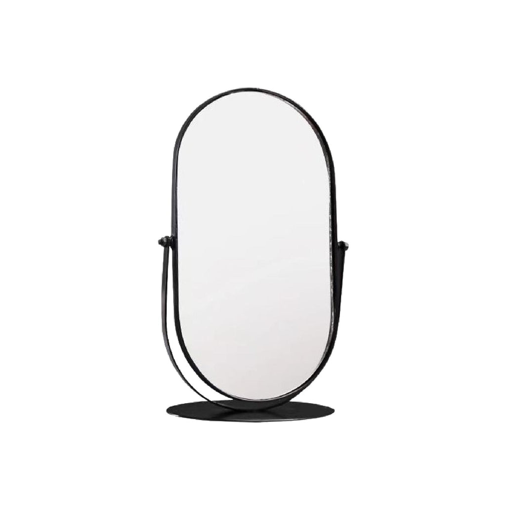 Oval black mirror on pedestal