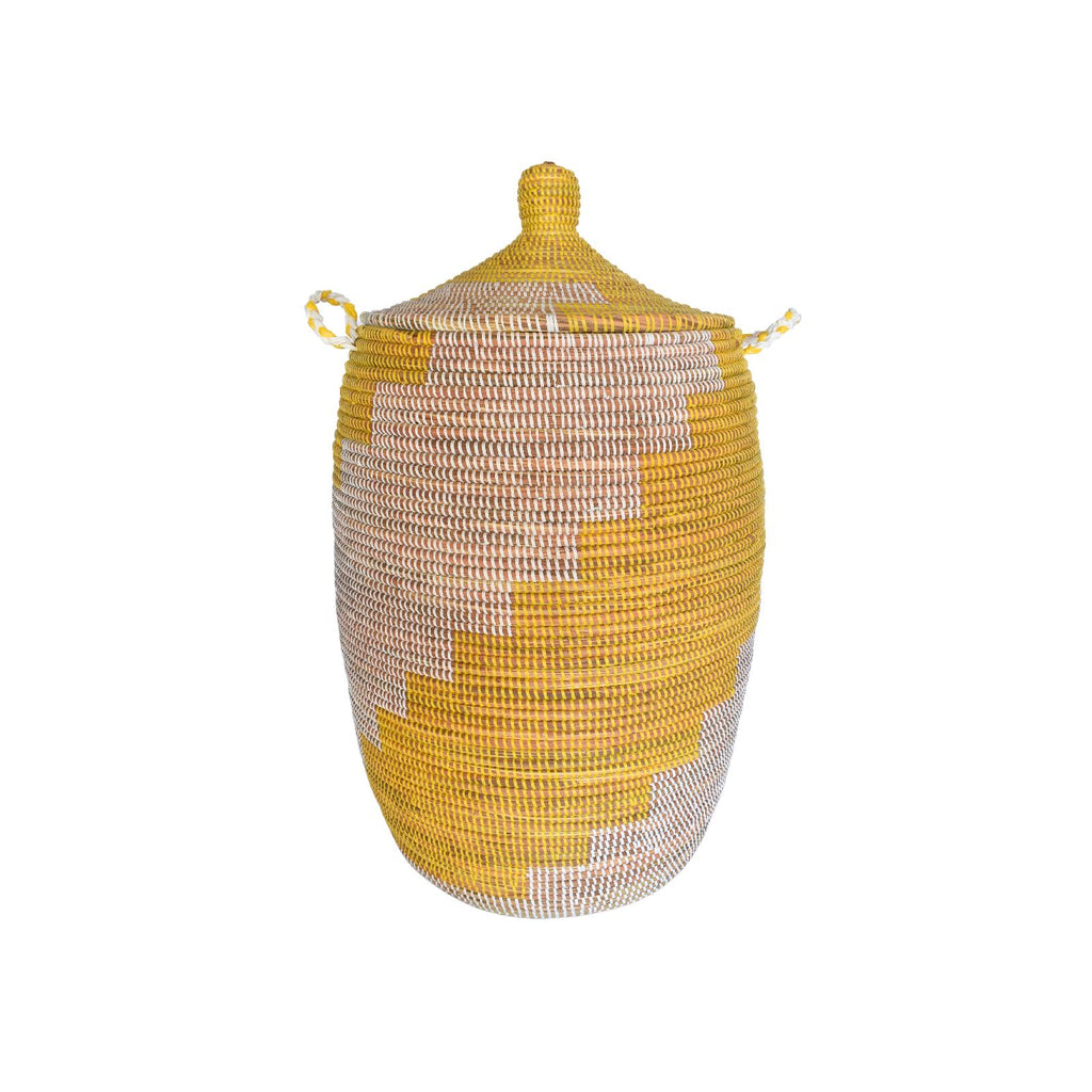 Yellow and white woven laundry basket